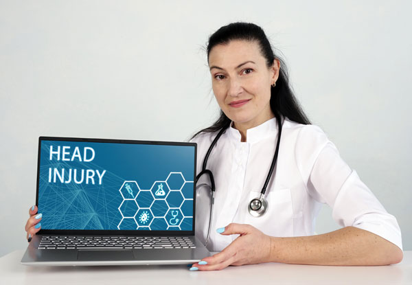 dr holding laptop with words head trauma on screen